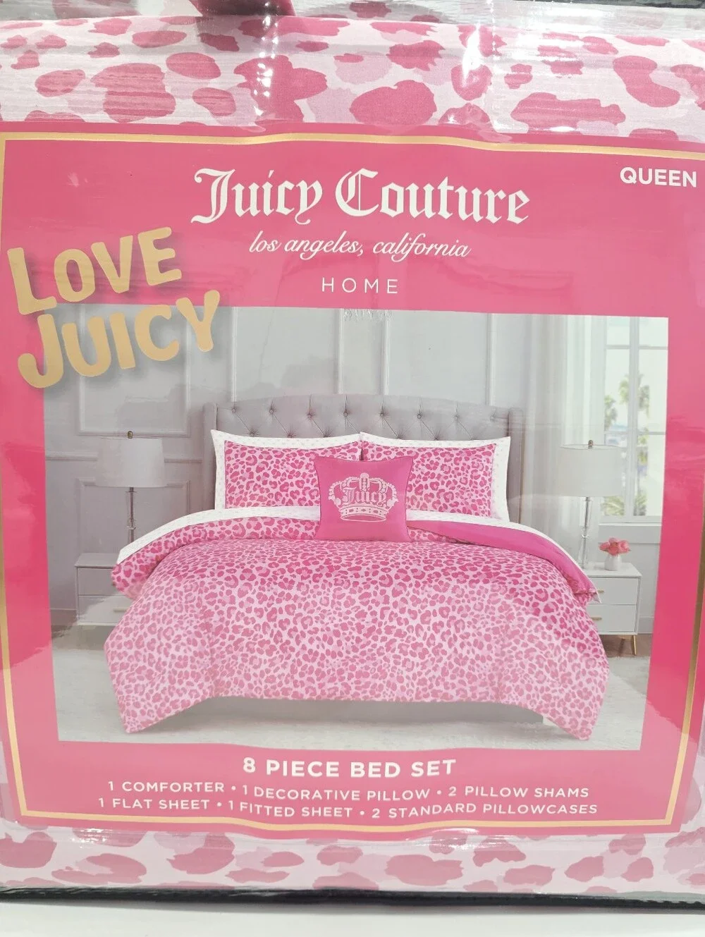 Juicy Couture QUEEN Pink Leopard 8 Piece Comforter Set New